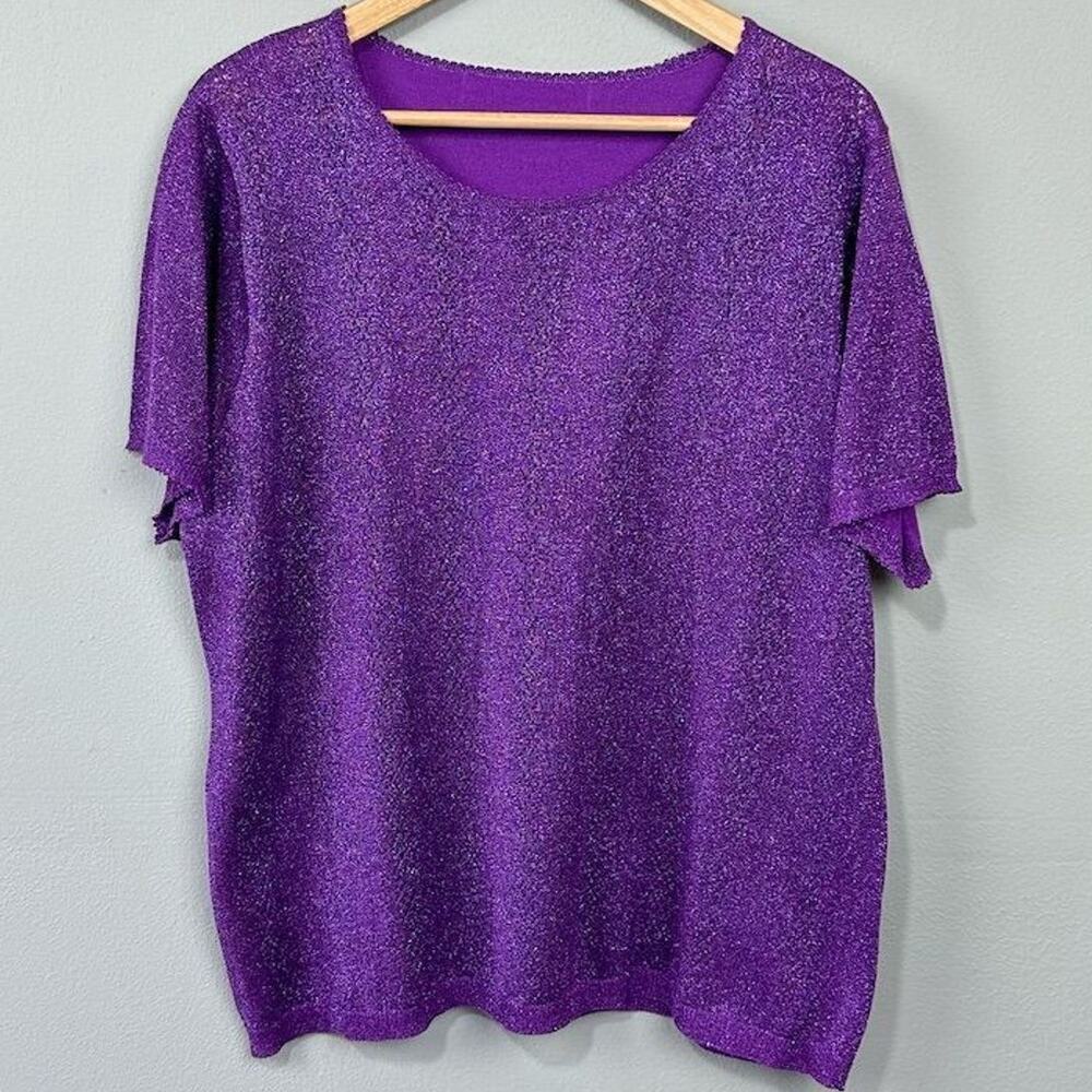 Vintage Sag Harbor Purple Metallic Sweater Plus Size 1X Pointelle Knit Shimmer